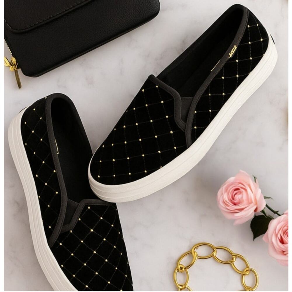 Keds x Kate Spade Double Decker Quilted Velvet Slip-On Black Sneakers Size 8.5